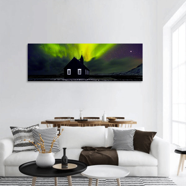 Beautiful bright green light over church, panoramic canvas wall art.