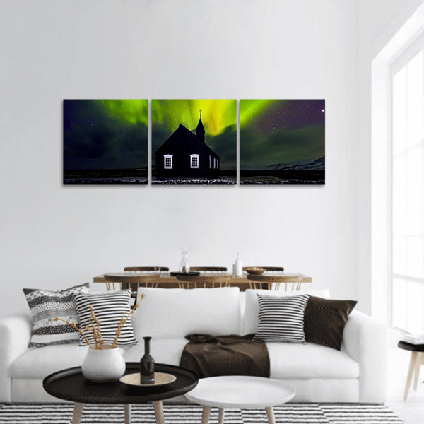 Beautiful bright green light over church, panoramic canvas wall art.