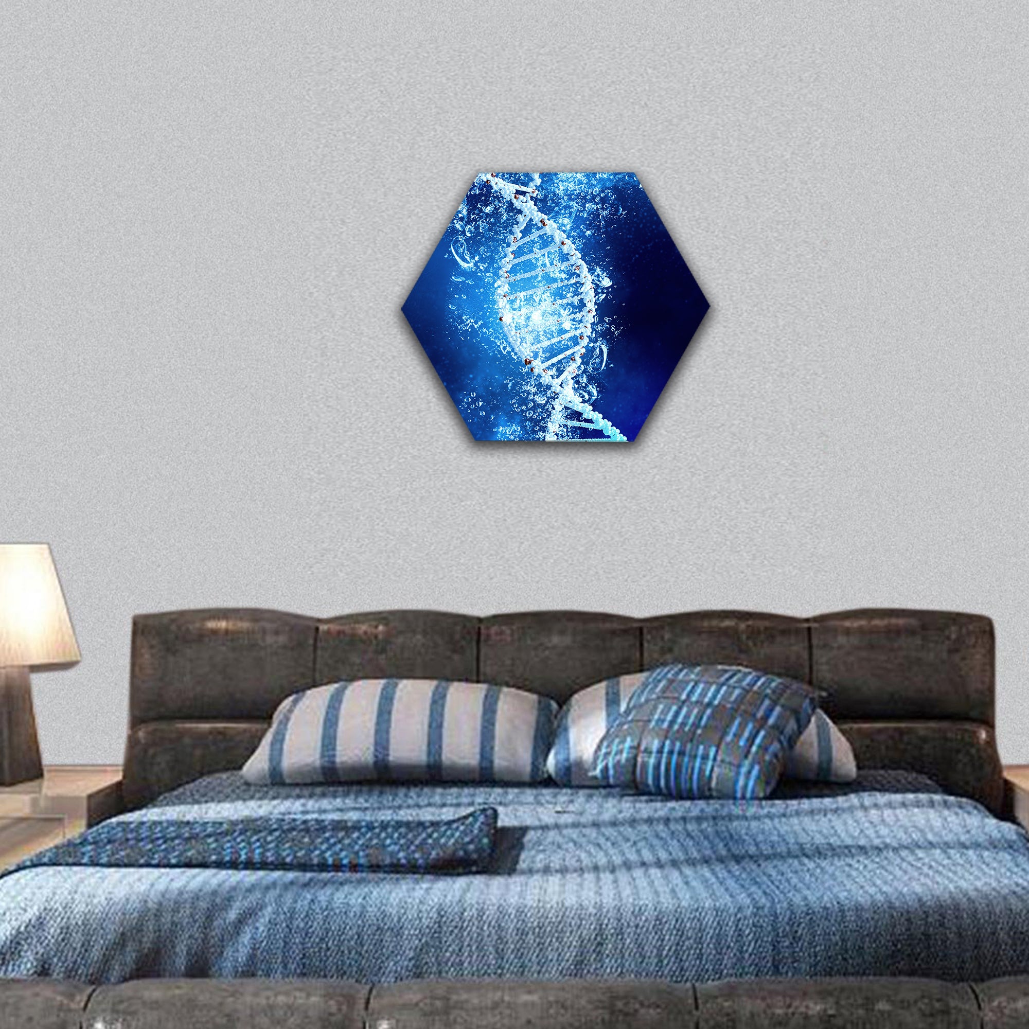 DNA molecule in clear crystal blue water hexagonal canvas wall art