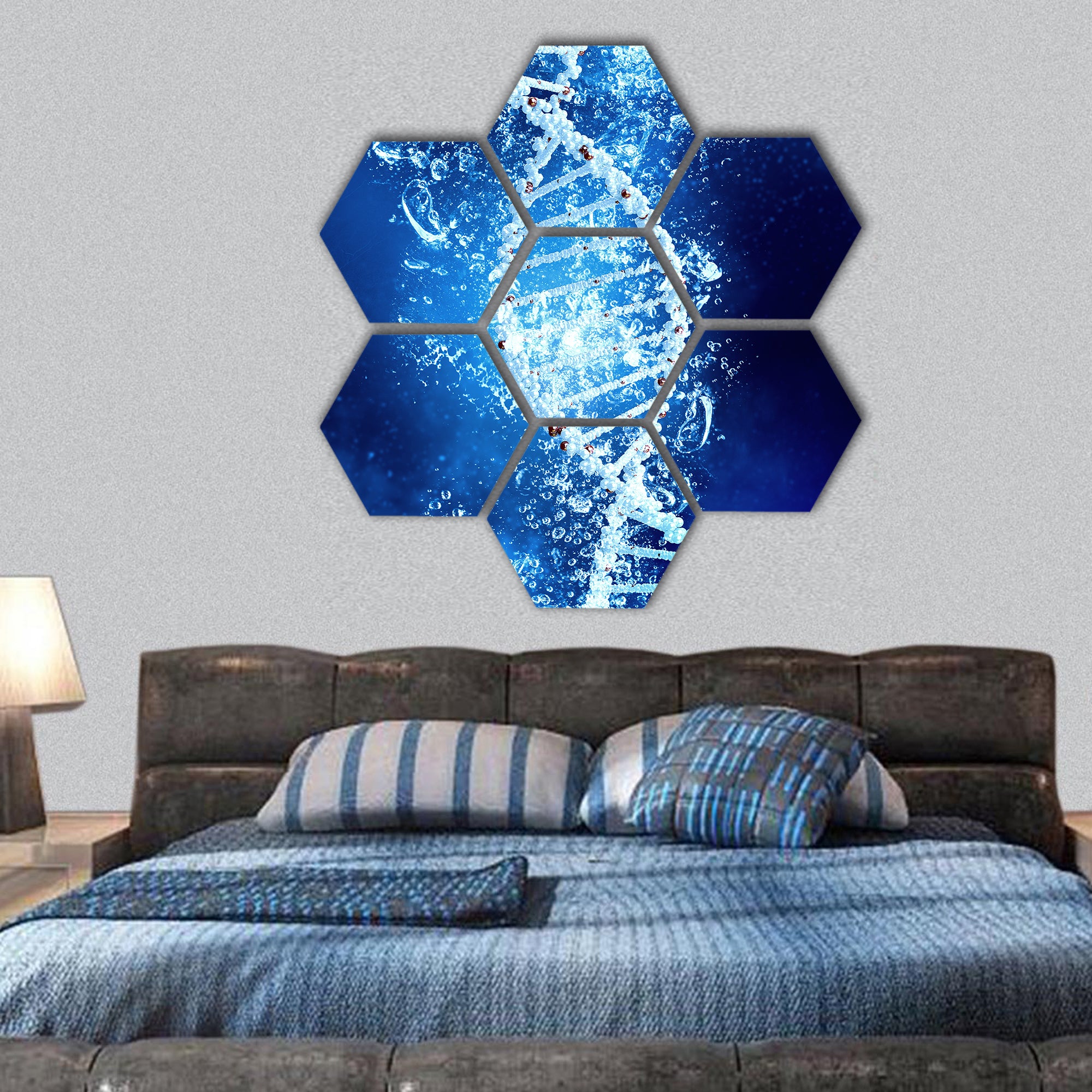 DNA molecule in clear crystal blue water hexagonal canvas wall art