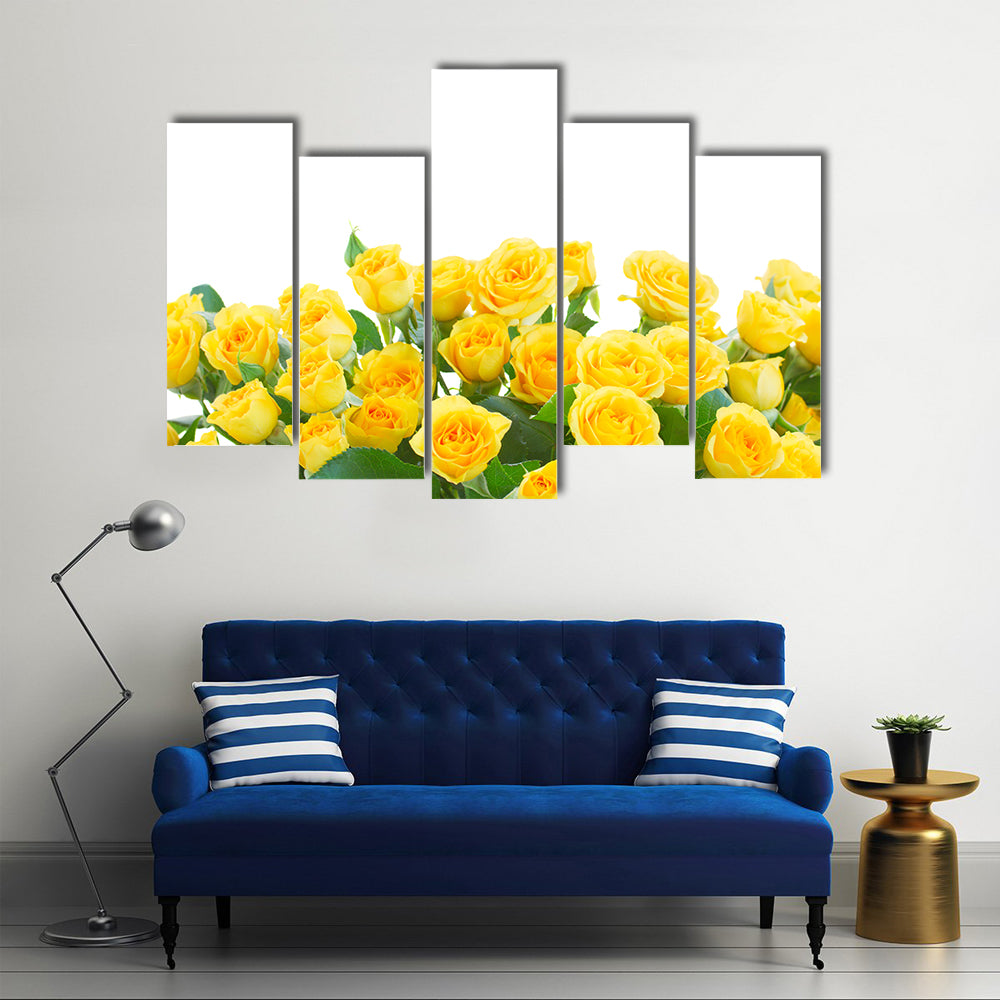 A Row Of Yellow Roses Placed Separately On The White Ground, Multi Panel Canvas Wall Art