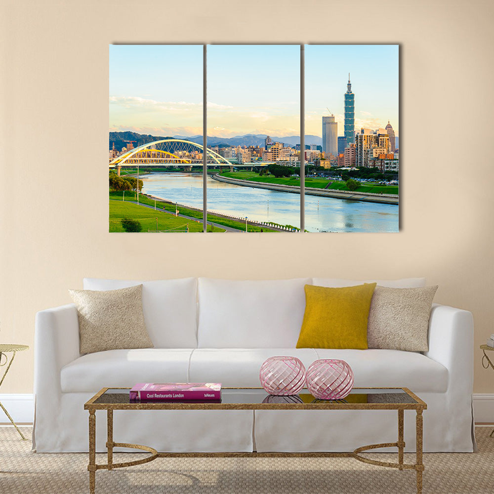 Skyline of the taipei city by the river Multi panel canvas wall art