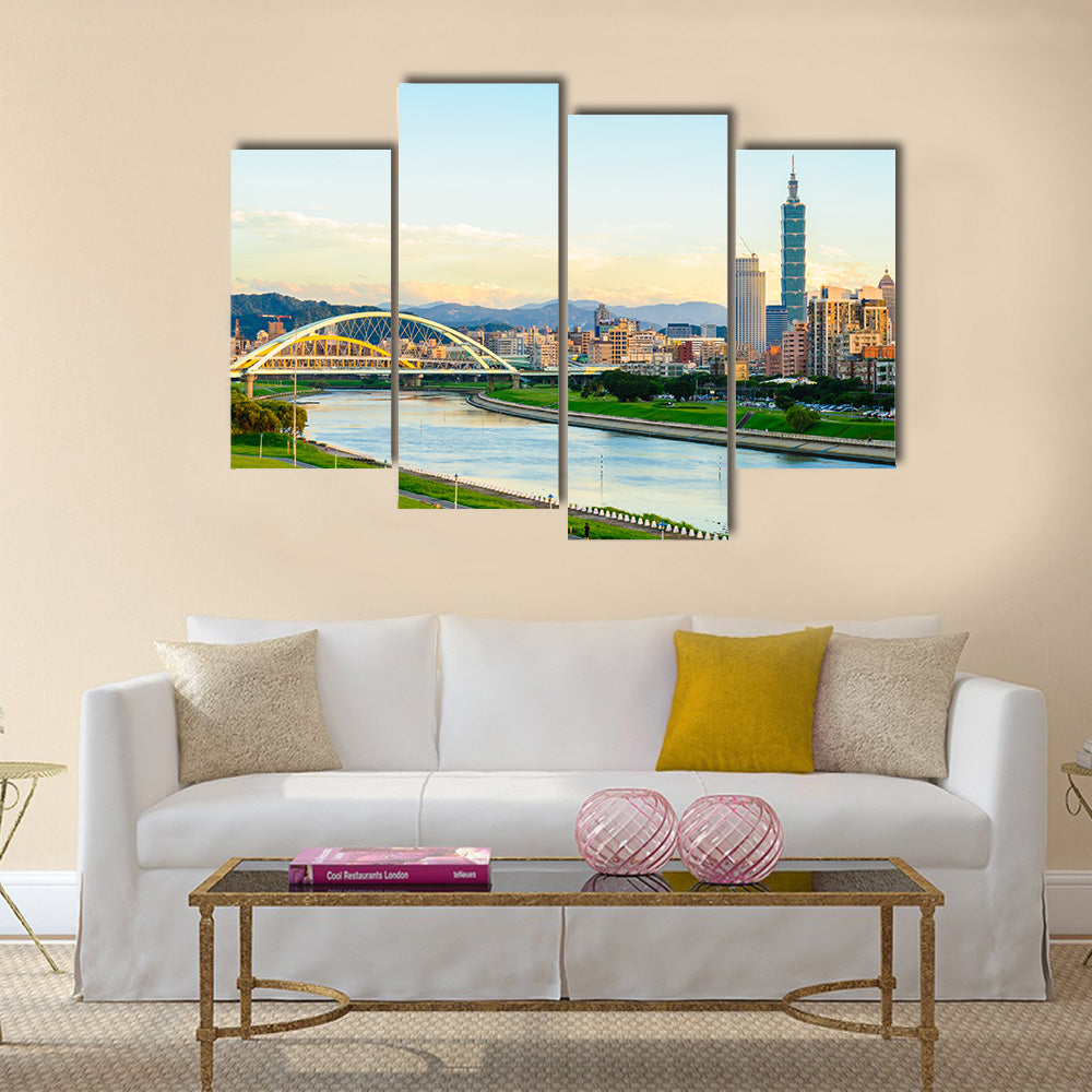 Skyline of the taipei city by the river Multi panel canvas wall art