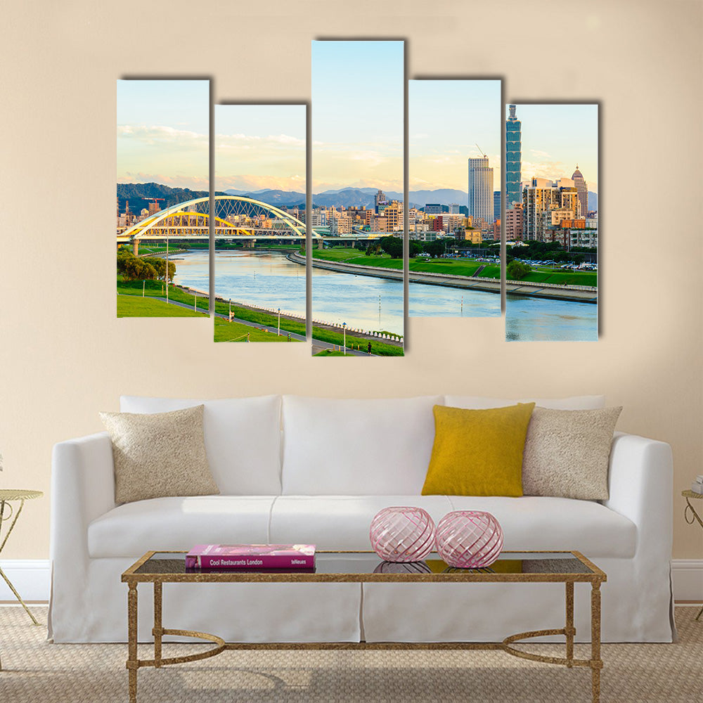 Skyline of the taipei city by the river Multi panel canvas wall art