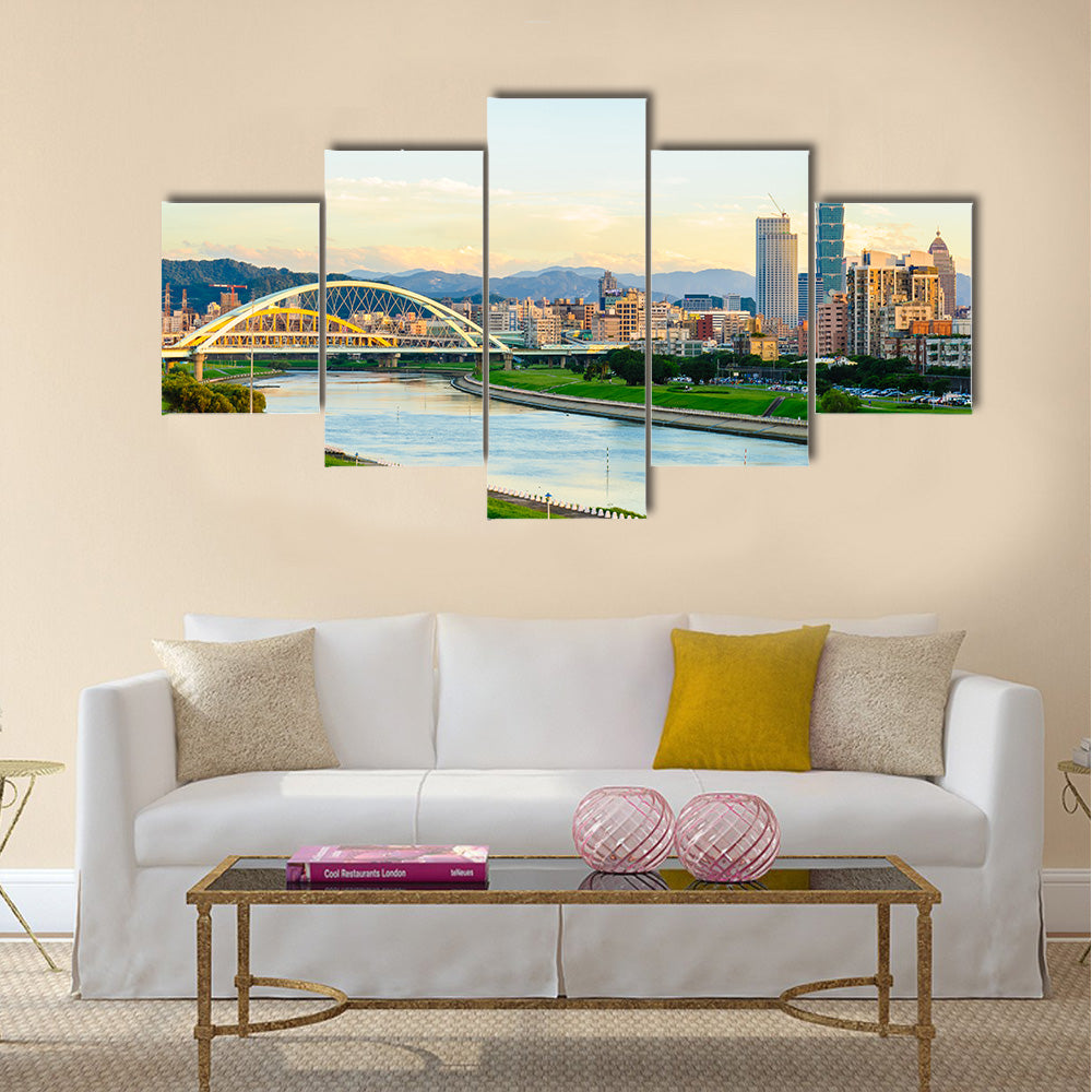 Skyline of the taipei city by the river Multi panel canvas wall art