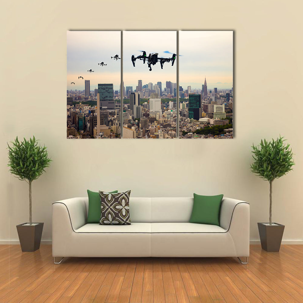 Drone Jets Of Japan Flying Over A City Multi Panel Canvas Wall Art