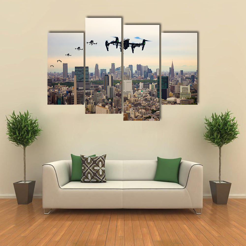 Drone Jets Of Japan Flying Over A City Multi Panel Canvas Wall Art