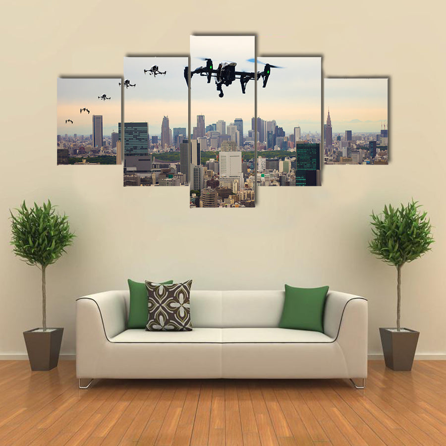 Drone Jets Of Japan Flying Over A City Multi Panel Canvas Wall Art