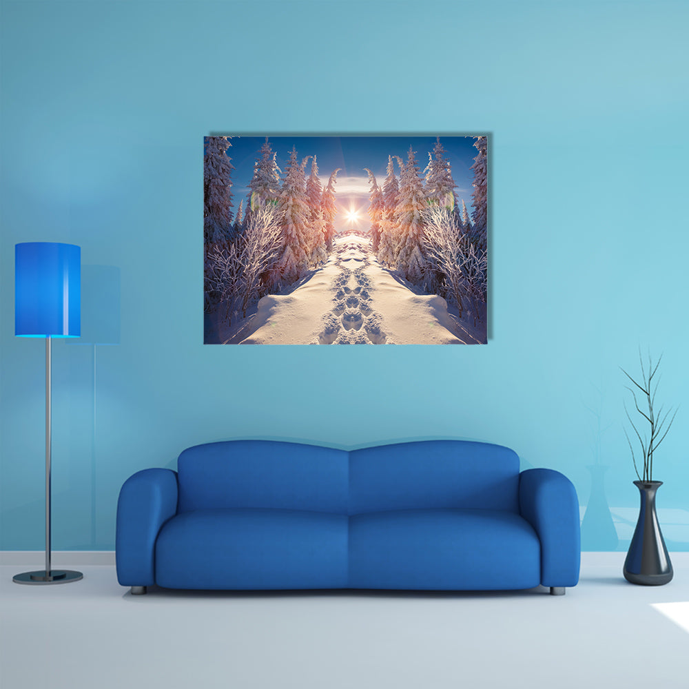 Horizontally flipped winter landscape in the mountain multi panel canvas wall art