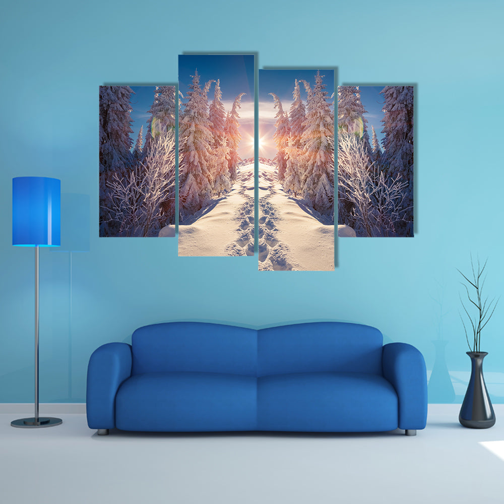 Horizontally flipped winter landscape in the mountain multi panel canvas wall art