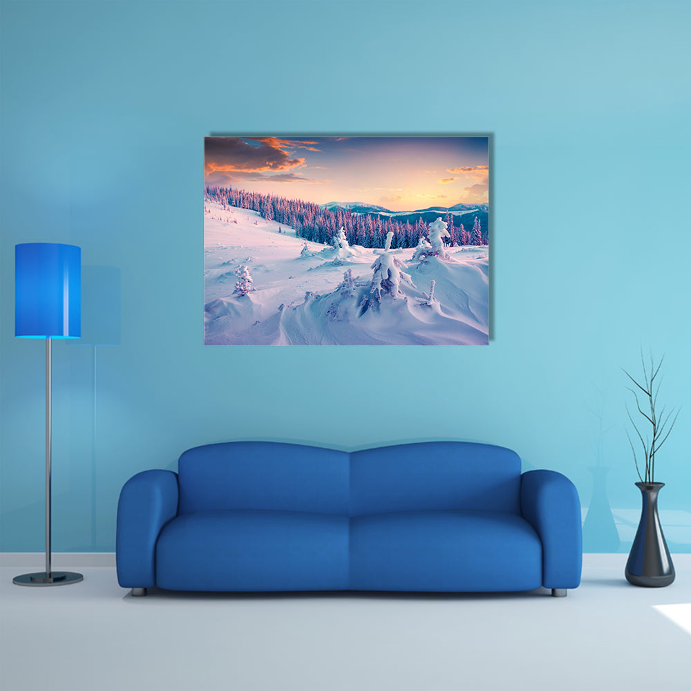 Colorful winter sunrise in the mountains multi panel canvas wall art