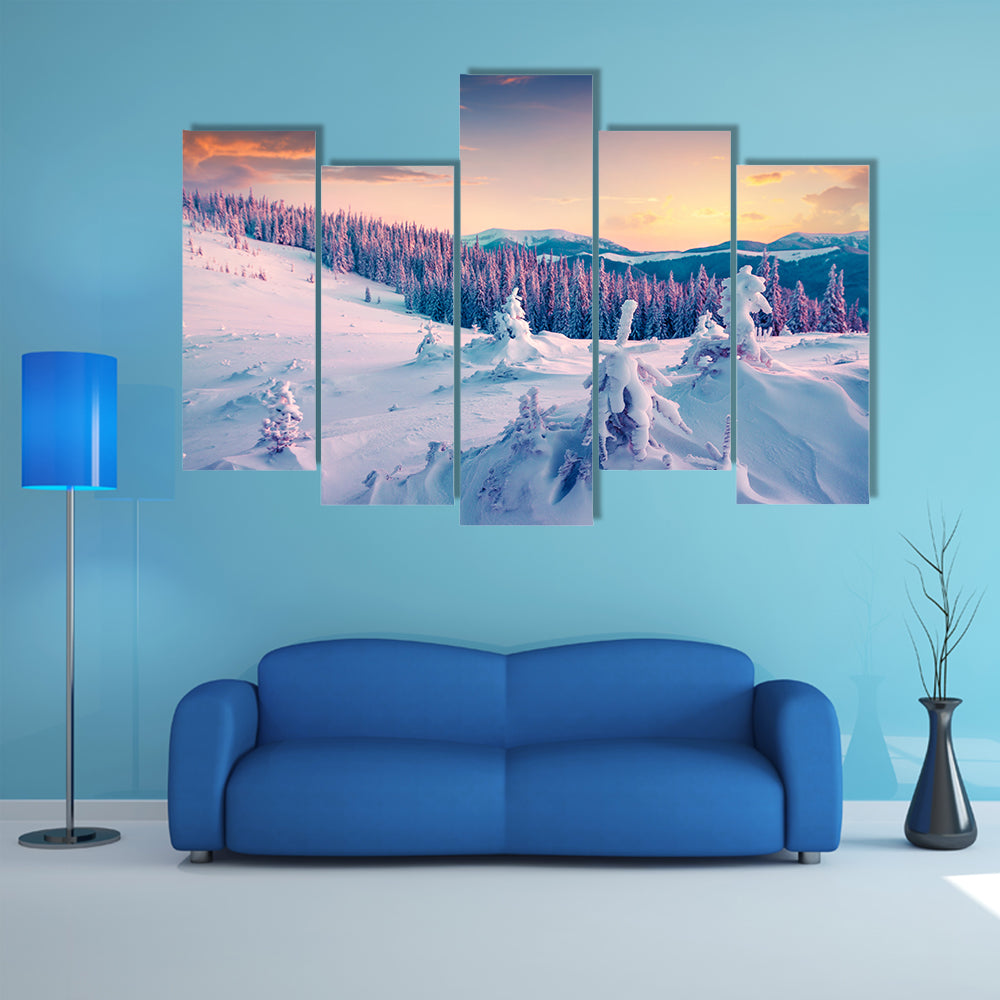 Colorful winter sunrise in the mountains multi panel canvas wall art