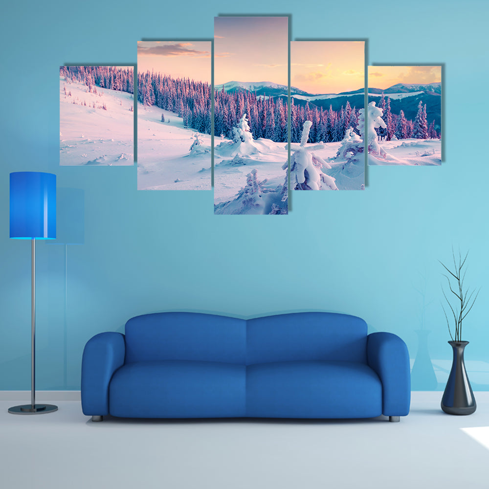 Colorful winter sunrise in the mountains multi panel canvas wall art