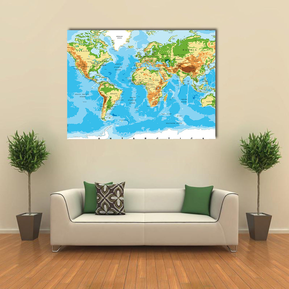 Physical map of the world multi panel canvas wall art