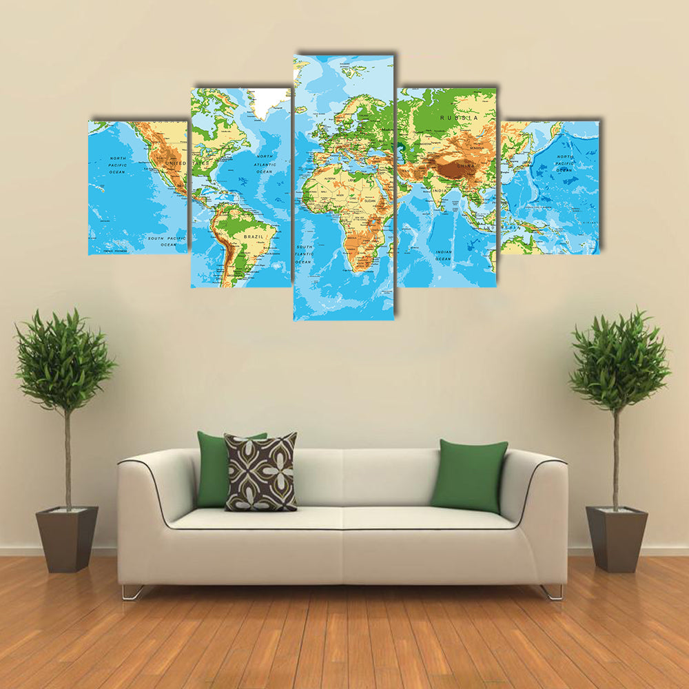 Physical map of the world multi panel canvas wall art