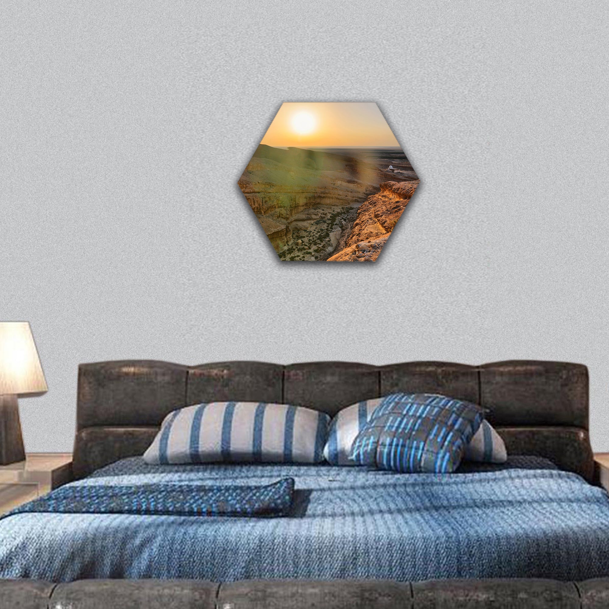 Sunrise above Star Wars canyon, Sahara desert, hexagonal canvas wall art