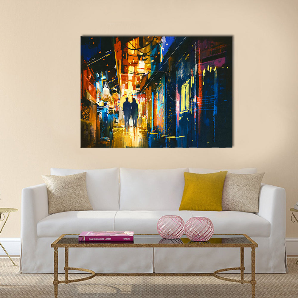 Couple walking in alley with colorful lights Multi Panel Canvas Wall Art