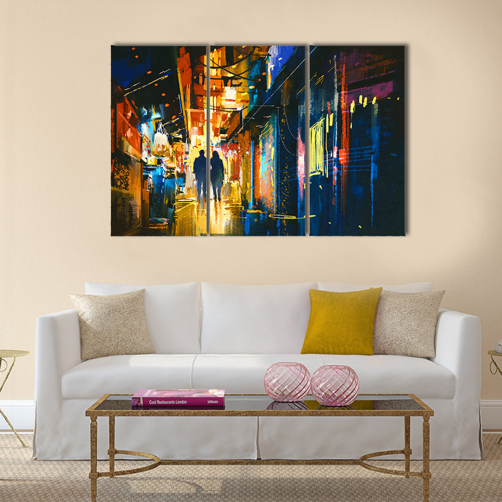 Couple walking in alley with colorful lights Multi Panel Canvas Wall Art