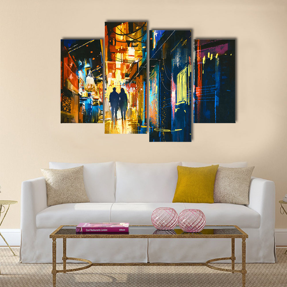 Couple walking in alley with colorful lights Multi Panel Canvas Wall Art