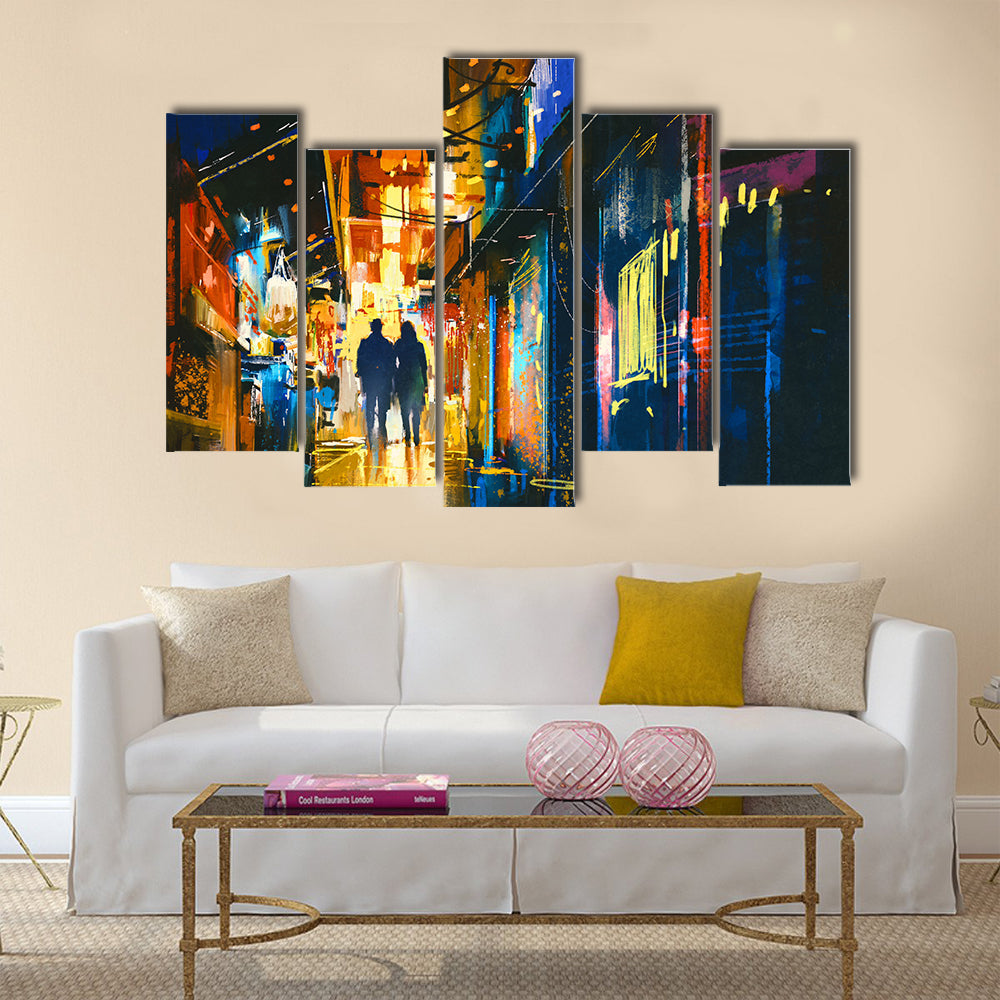 Couple walking in alley with colorful lights Multi Panel Canvas Wall Art