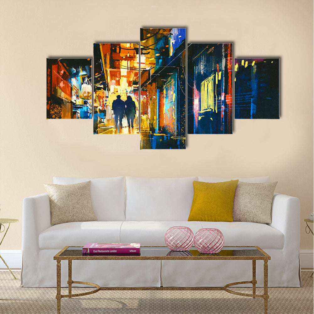 Couple walking in alley with colorful lights Multi Panel Canvas Wall Art
