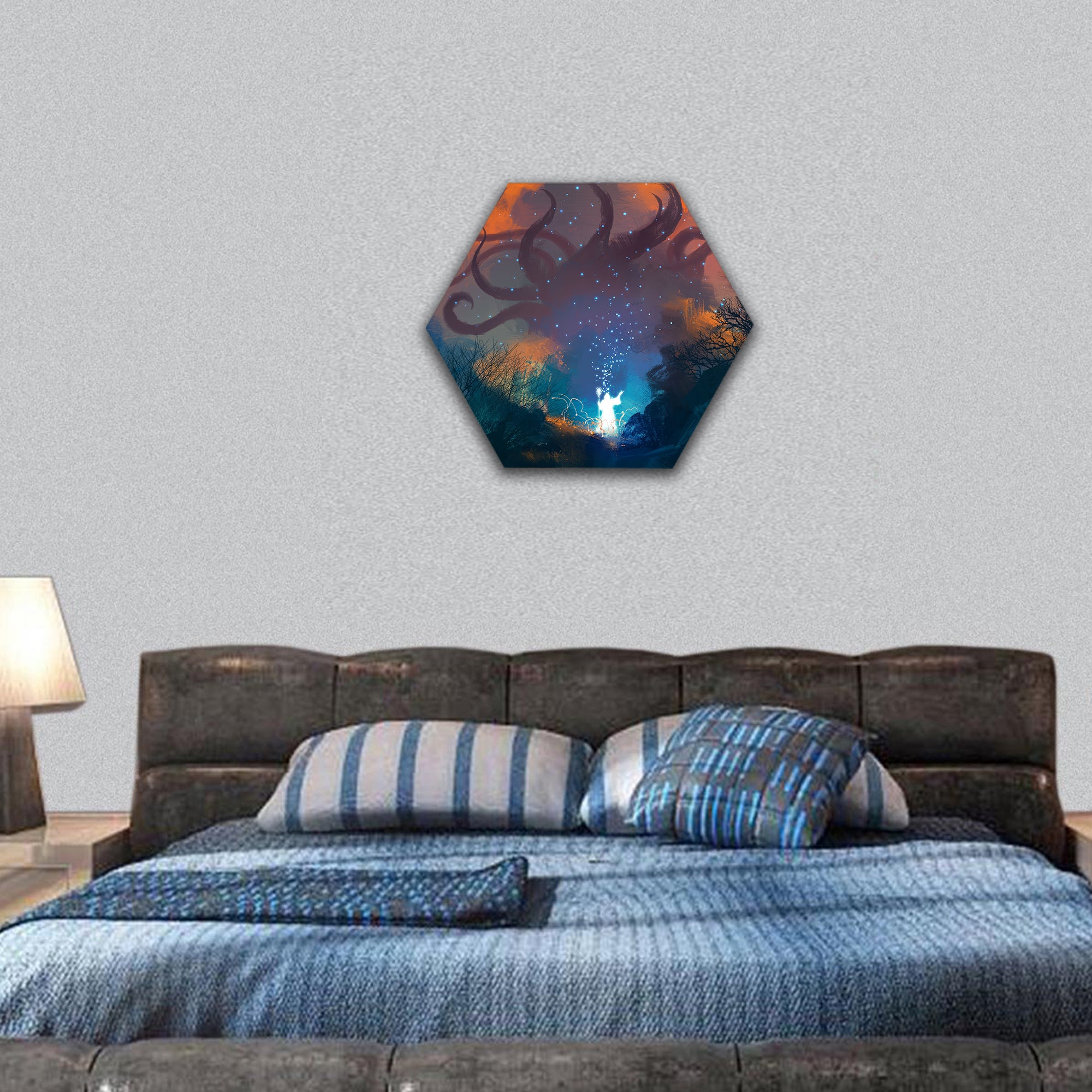Magician summoning ghostly demon hexagonal canvas wall art