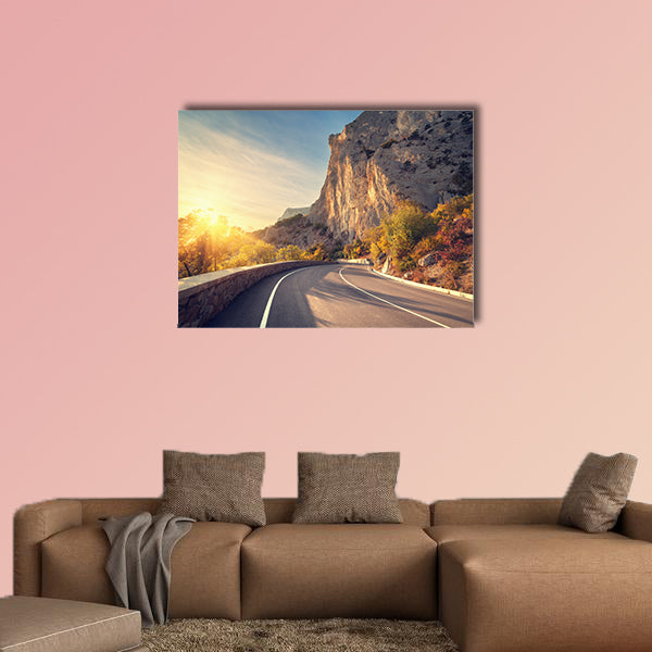 Asphalt road in autumn forest at sunrise multi panel canvas wall art