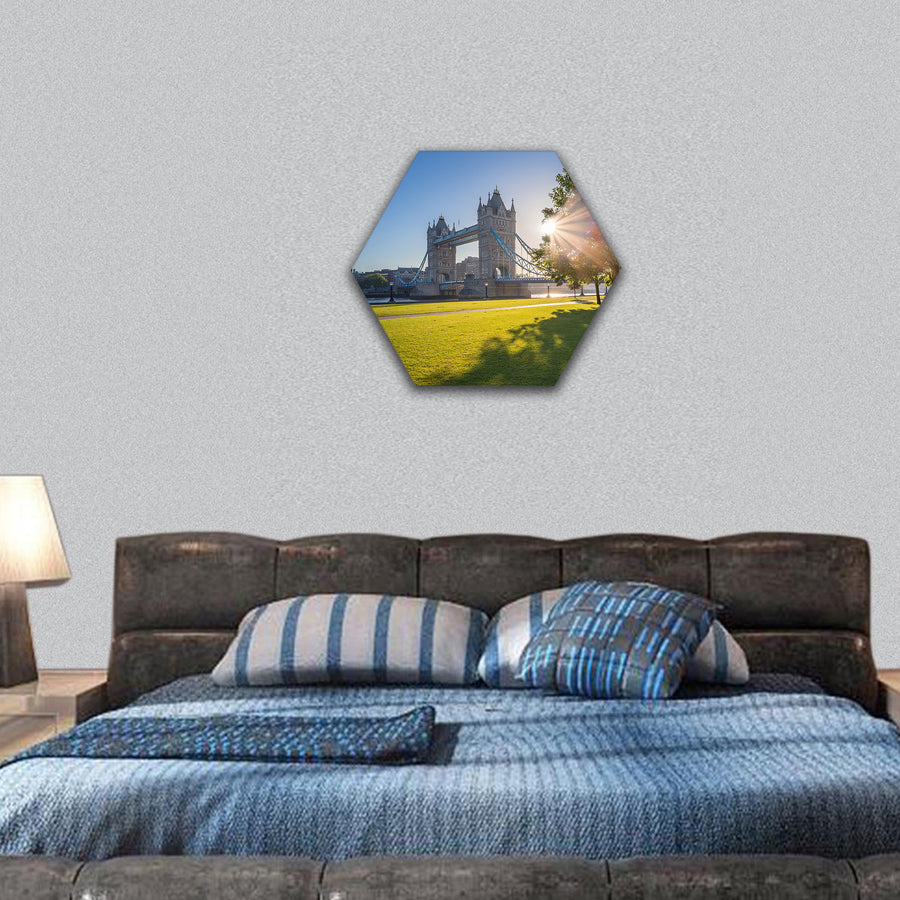 Tower Bridge with tree and green grass, London, UK hexagonal canvas wall art