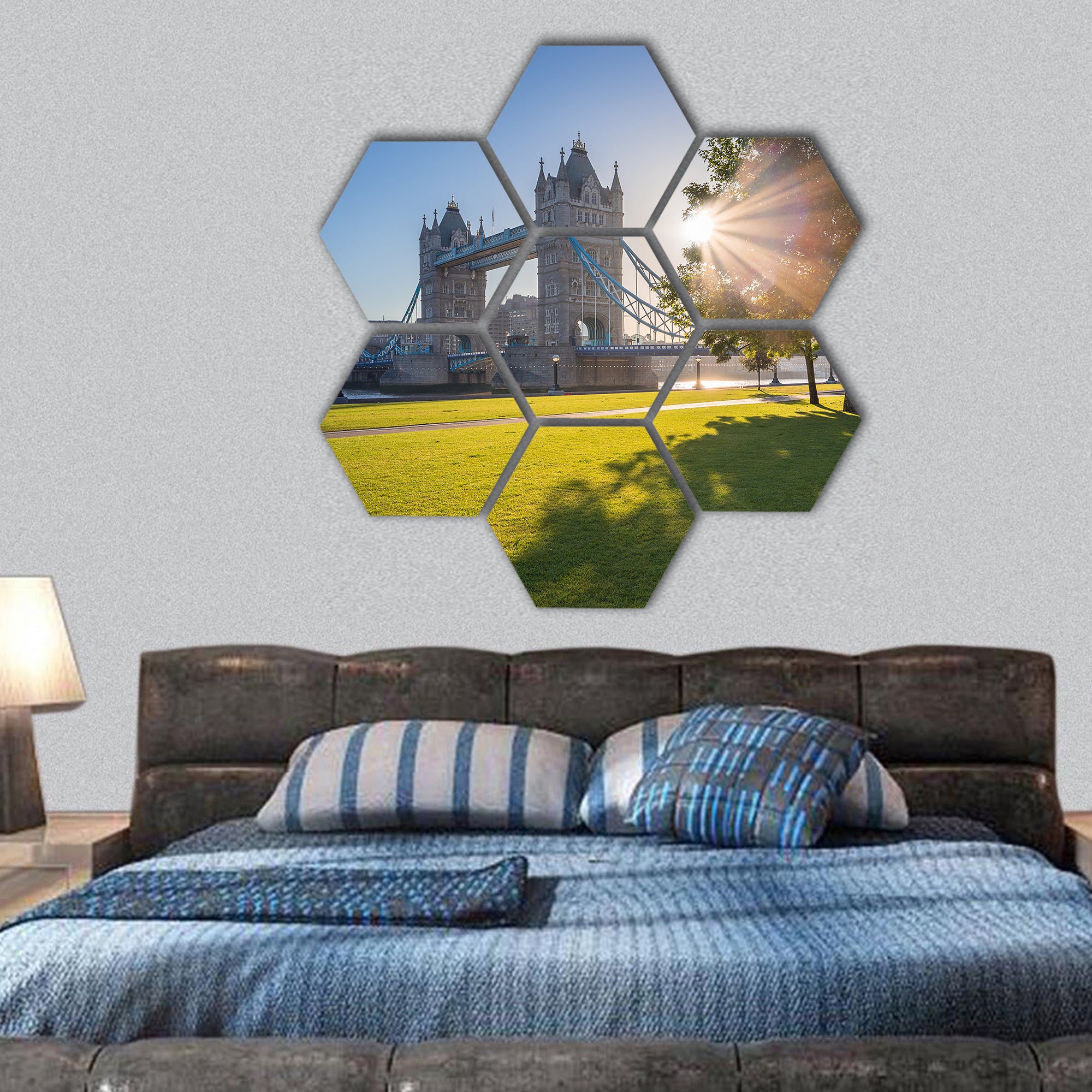 Tower Bridge with tree and green grass, London, UK hexagonal canvas wall art