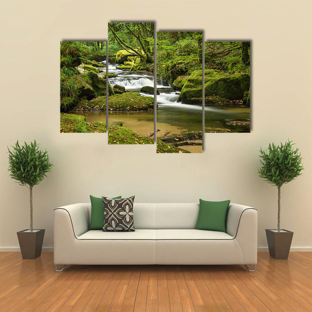 Landscape canvas of river flowing through lush green forest in Summer multi panel canvas wall art
