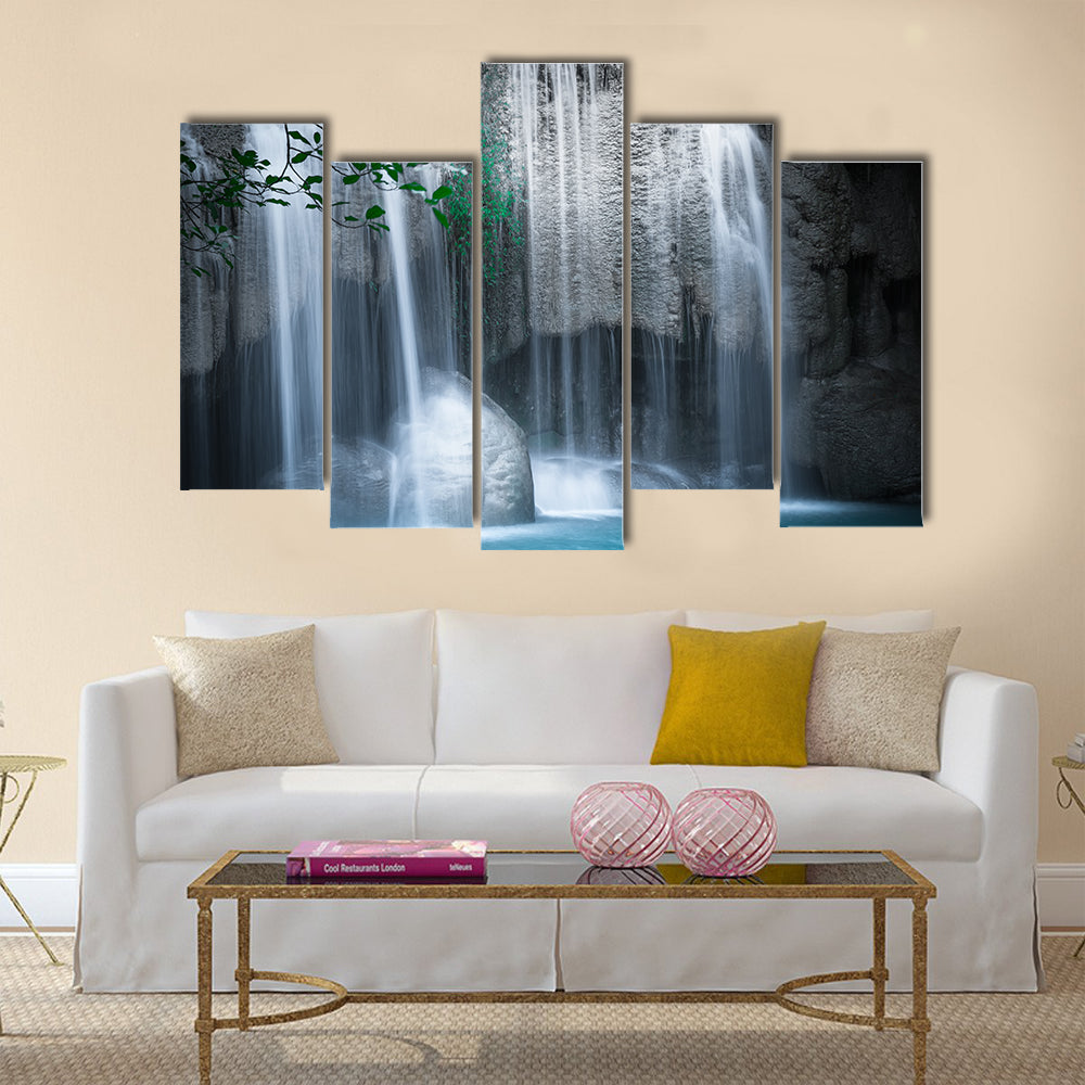 Jangle landscape with flowing turquoise water Multi Panel Canvas Wall Art
