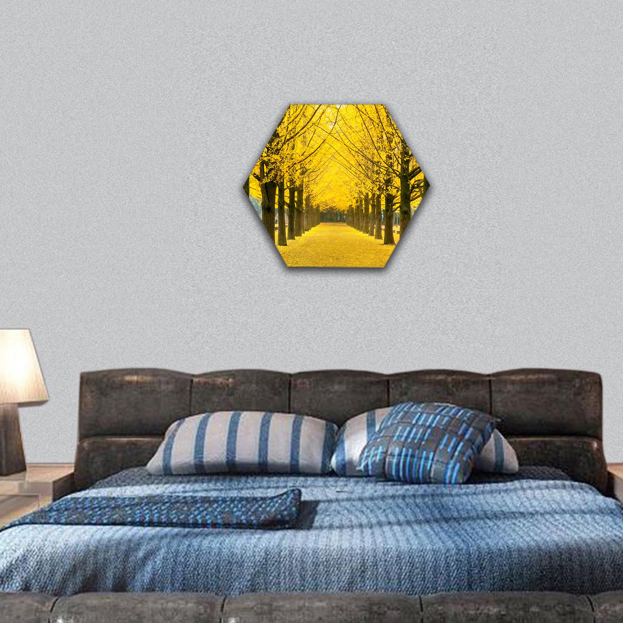 Row of yellow ginkgo tree in Nami Island, Korea hexagonal canvas wall art