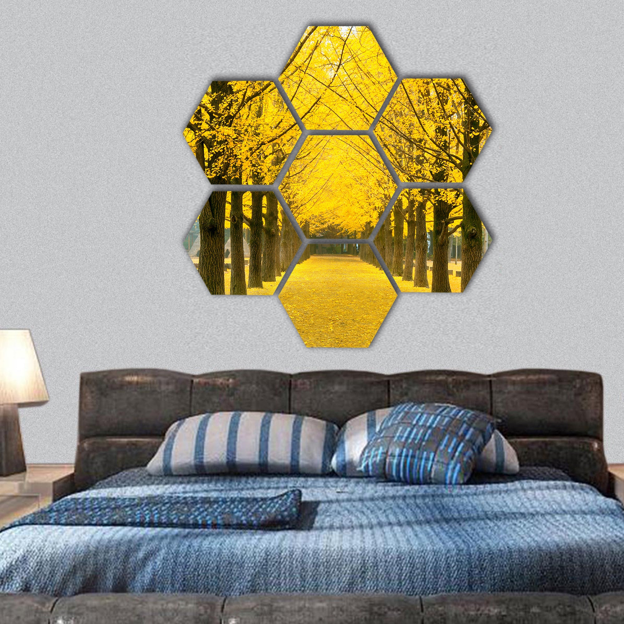 Row of yellow ginkgo tree in Nami Island, Korea hexagonal canvas wall art