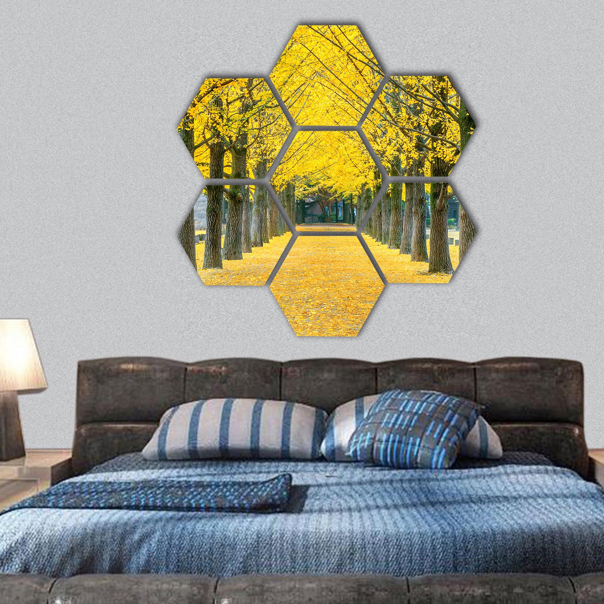 Row of yellow ginkgo tree in Nami Island, Korea hexagonal canvas wall art