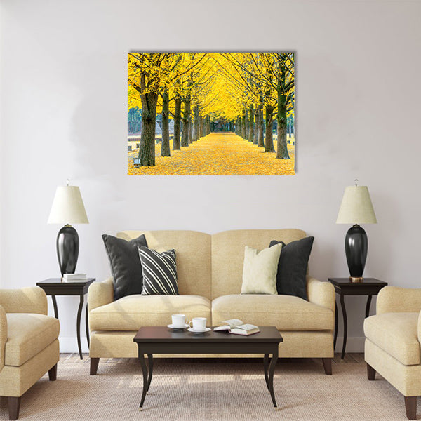 Row of yellow ginkgo tree in Nami Island, Korea Multi panel canvas wall art