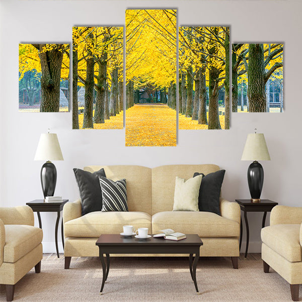Row of yellow ginkgo tree in Nami Island, Korea Multi panel canvas wall art