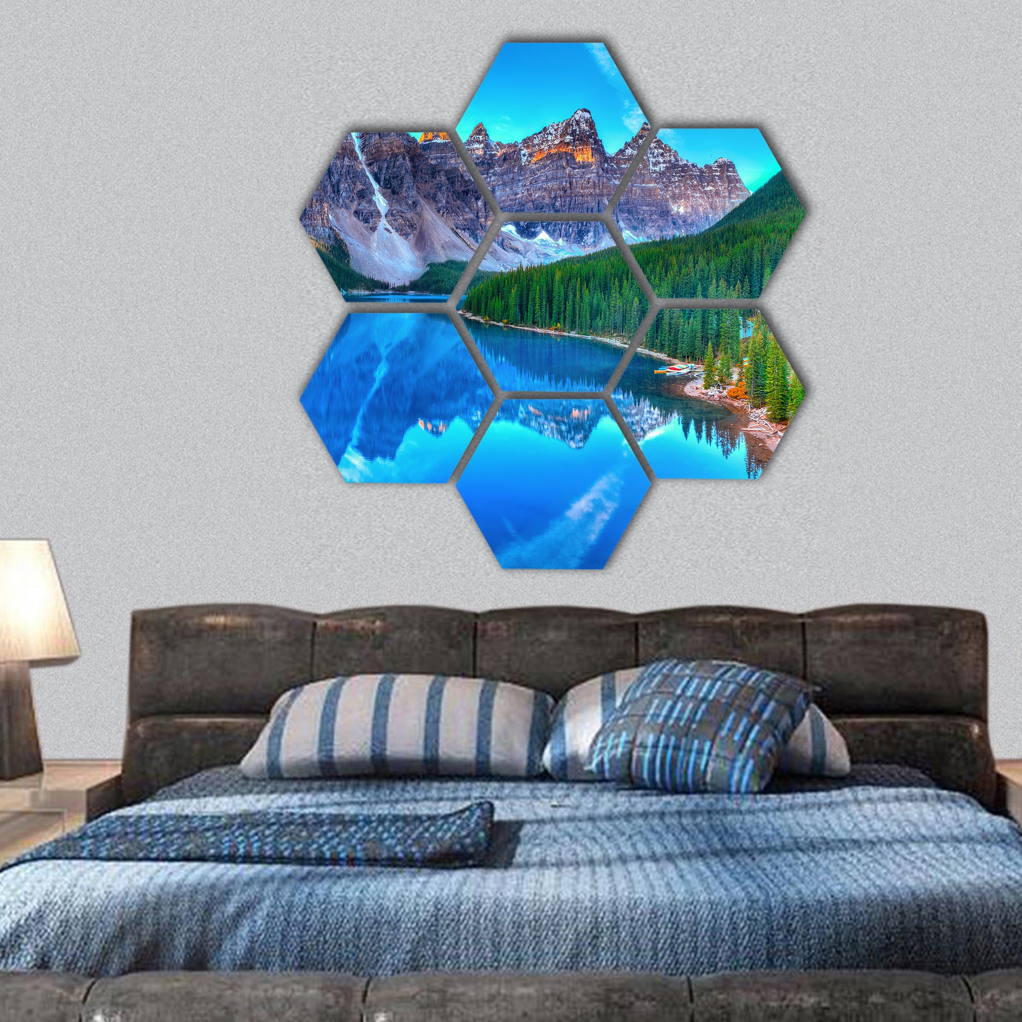 Moraine lake sunrise in Banff National Park hexagonal canvas wall art