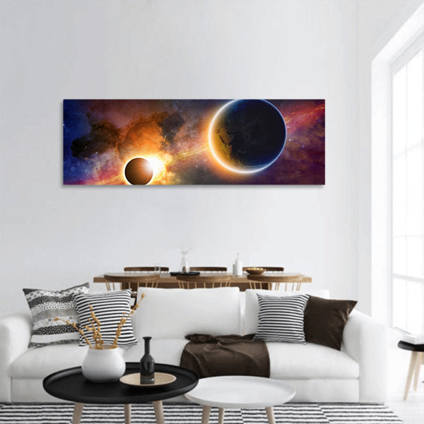 Glowing planet Earth in space, solar eclipse panoramic canvas wall art.