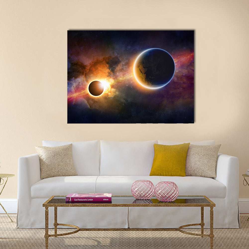 Abstract scientific glowing planet Earth in space, solar eclipse, nebula and stars Multi Panel Canvas Wall Art