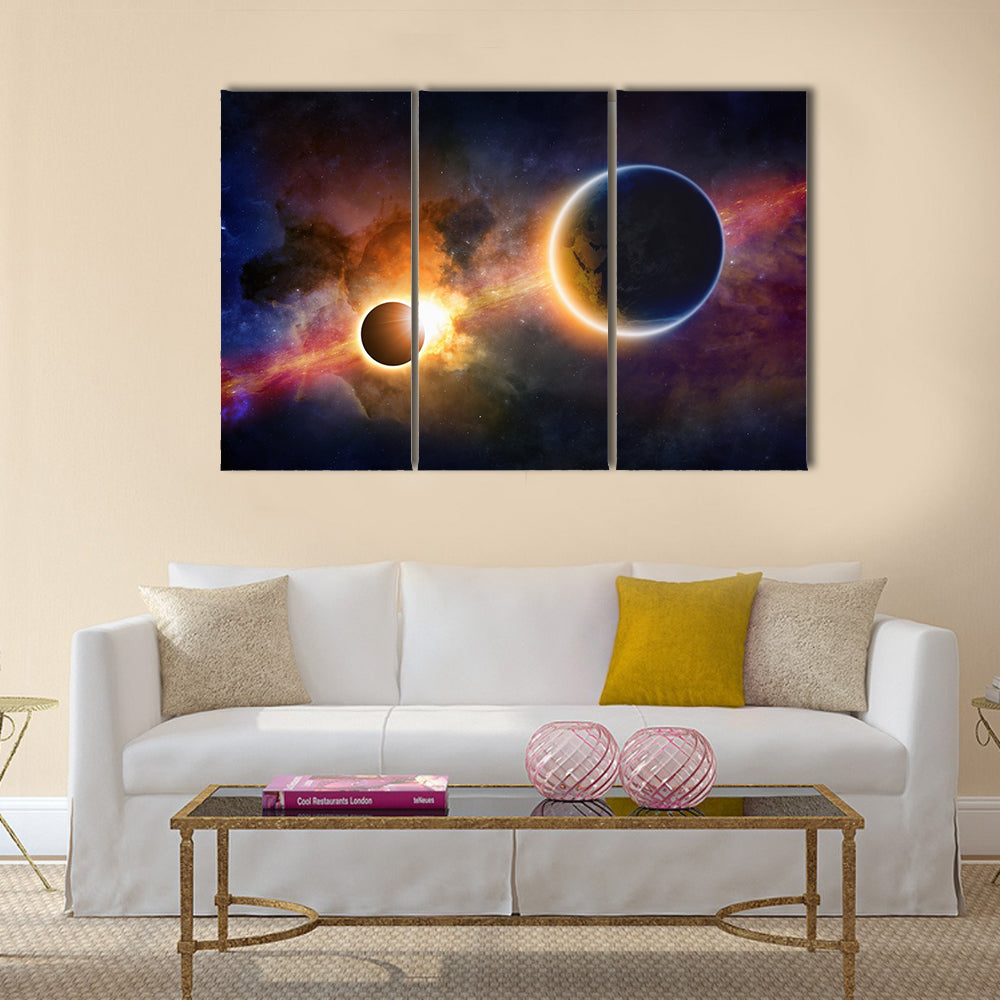 Abstract scientific glowing planet Earth in space, solar eclipse, nebula and stars Multi Panel Canvas Wall Art