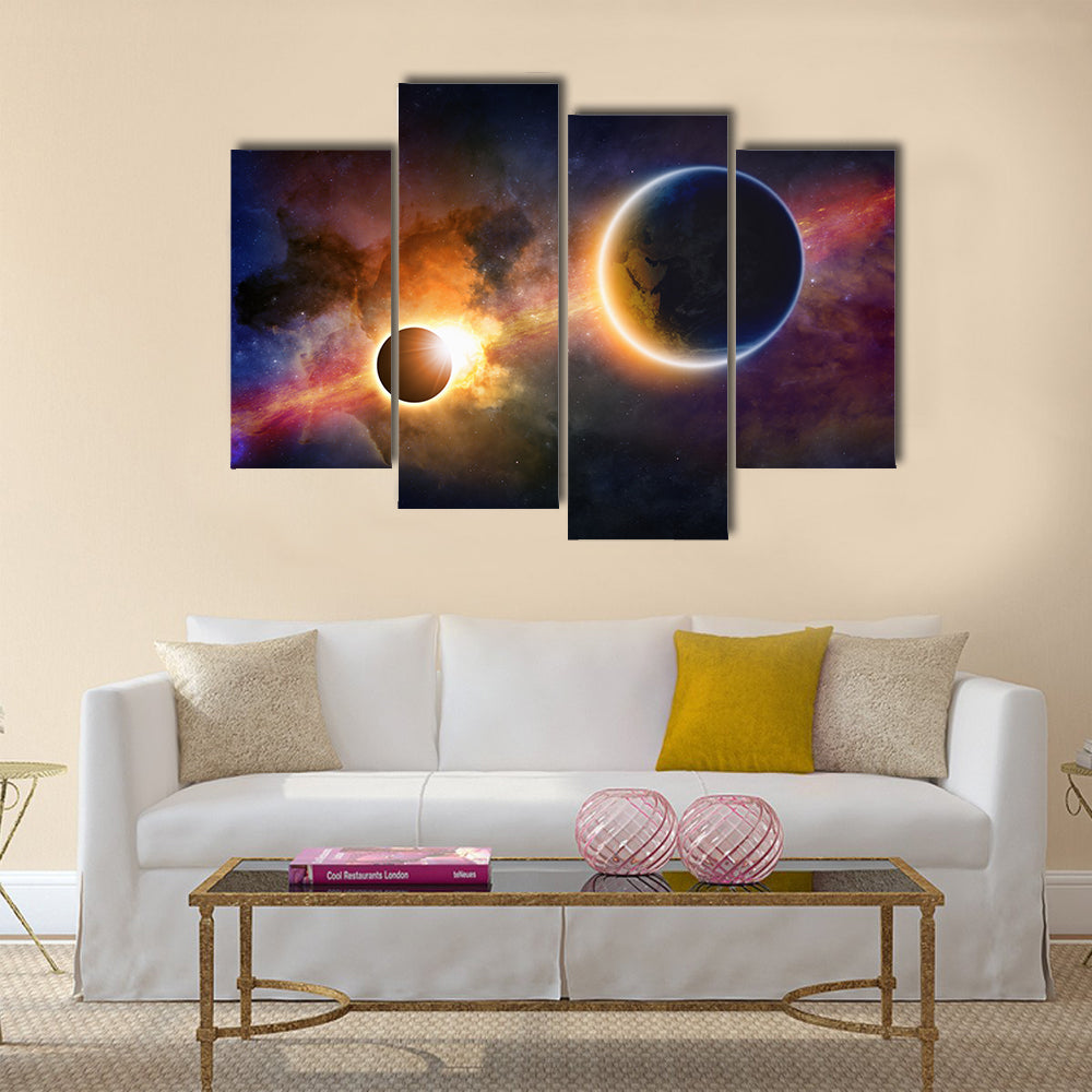 Abstract scientific glowing planet Earth in space, solar eclipse, nebula and stars Multi Panel Canvas Wall Art