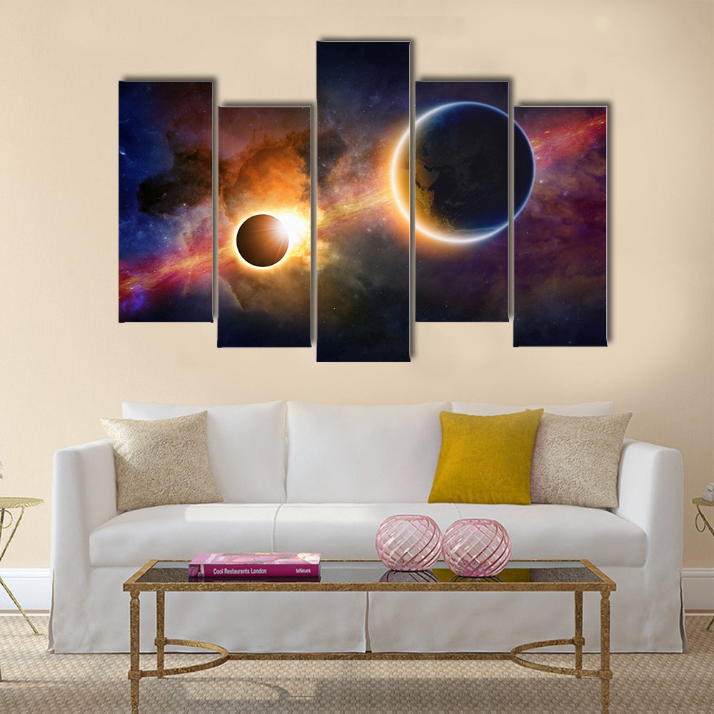 Abstract scientific glowing planet Earth in space, solar eclipse, nebula and stars Multi Panel Canvas Wall Art