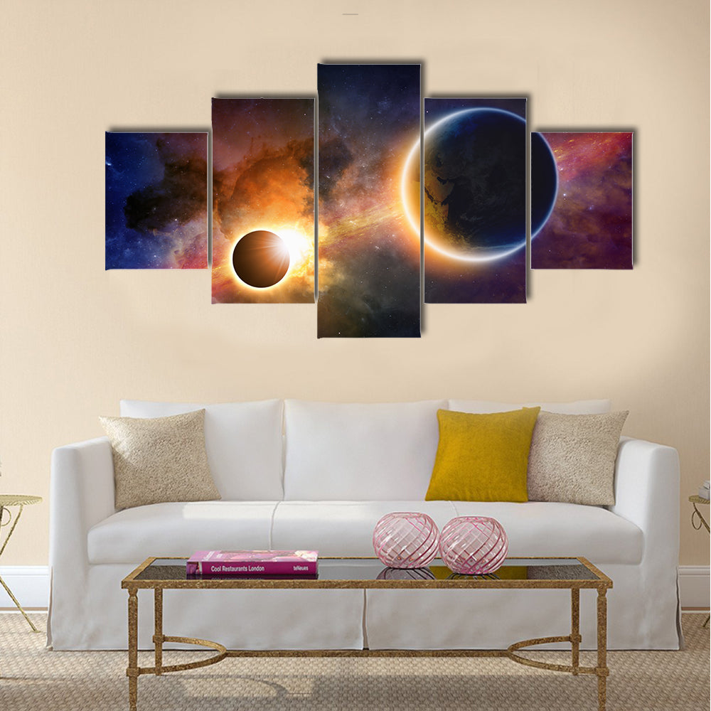 Abstract scientific glowing planet Earth in space, solar eclipse, nebula and stars Multi Panel Canvas Wall Art