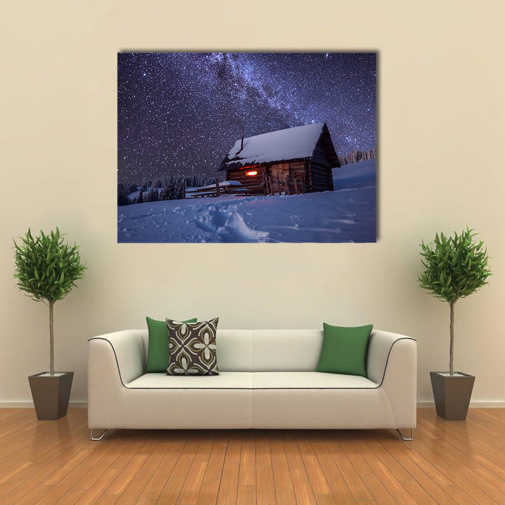 A Beautiful Wooden House In The Winter Forest, Multi Panel Canvas Wall Art