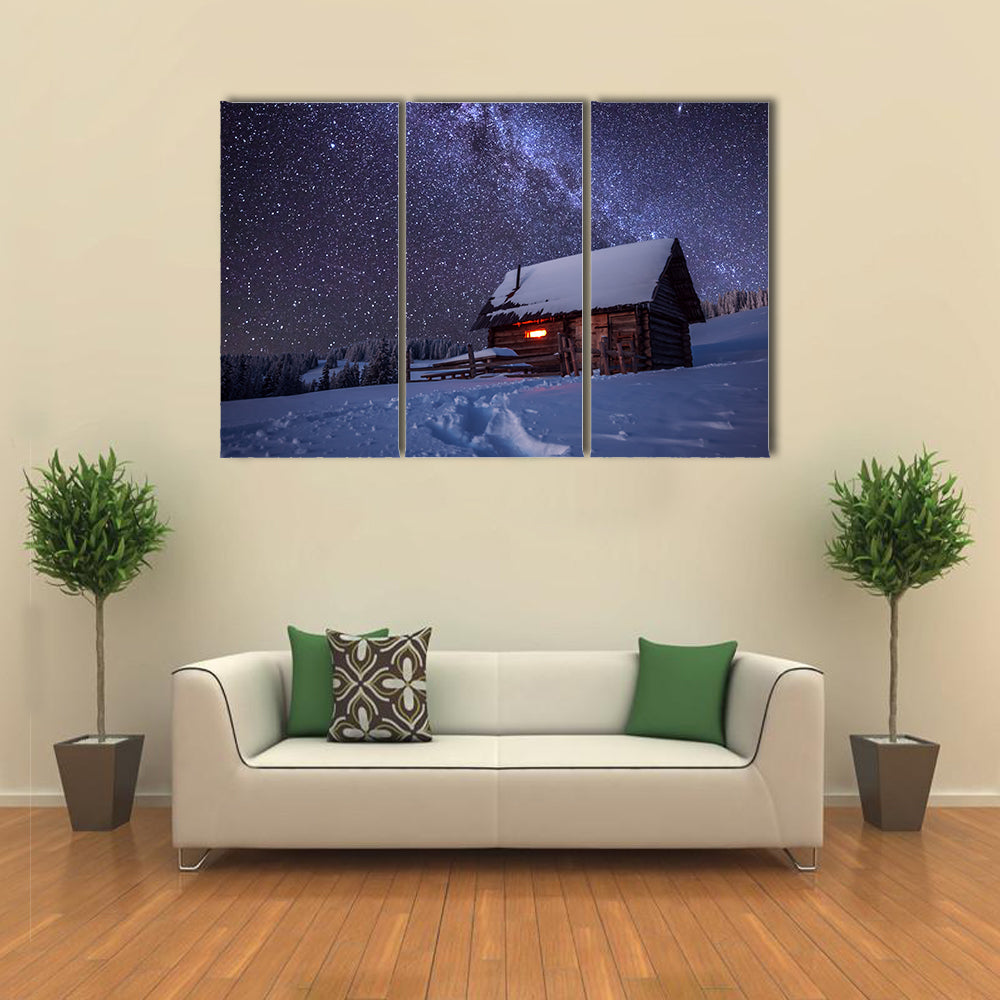 A Beautiful Wooden House In The Winter Forest, Multi Panel Canvas Wall Art