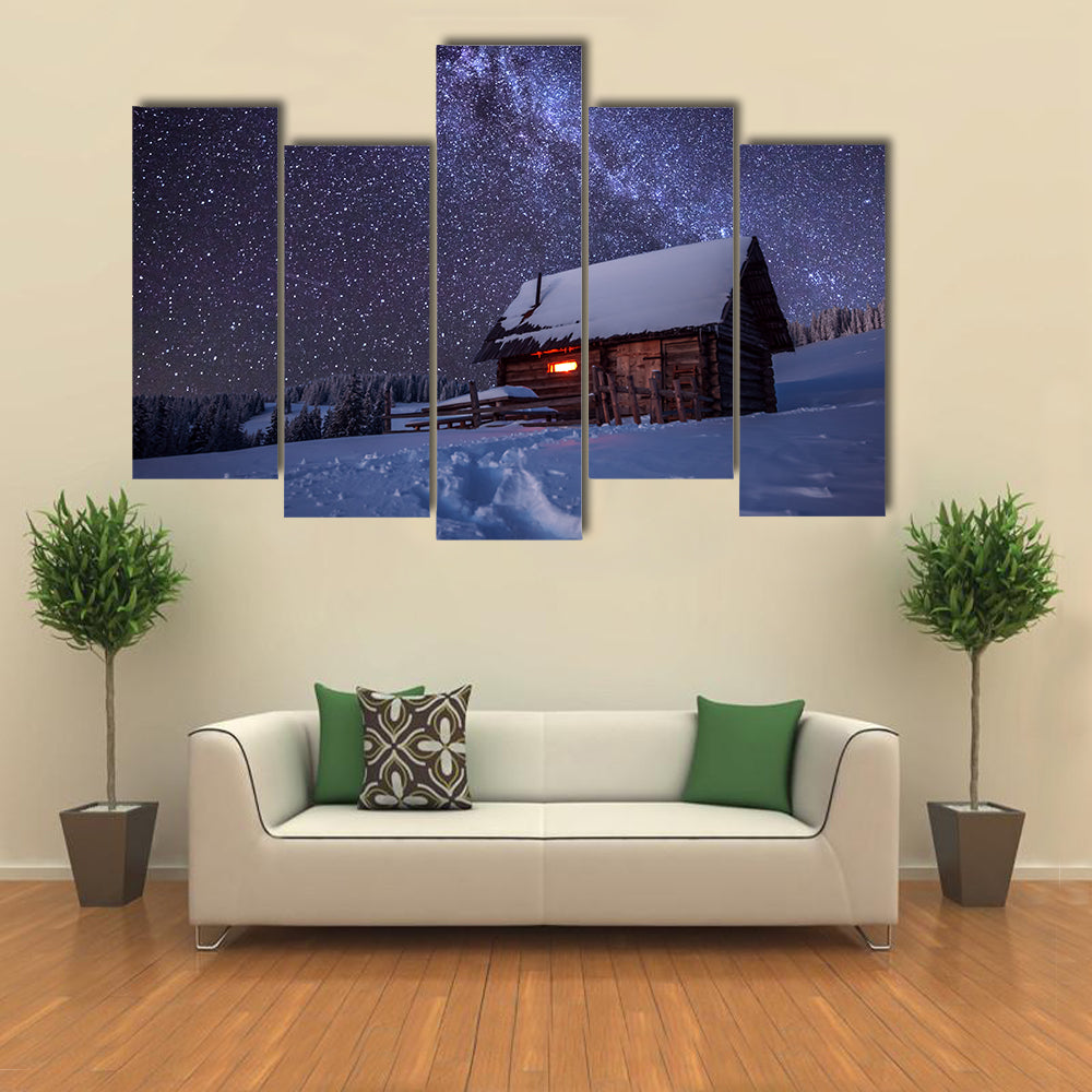 A Beautiful Wooden House In The Winter Forest, Multi Panel Canvas Wall Art