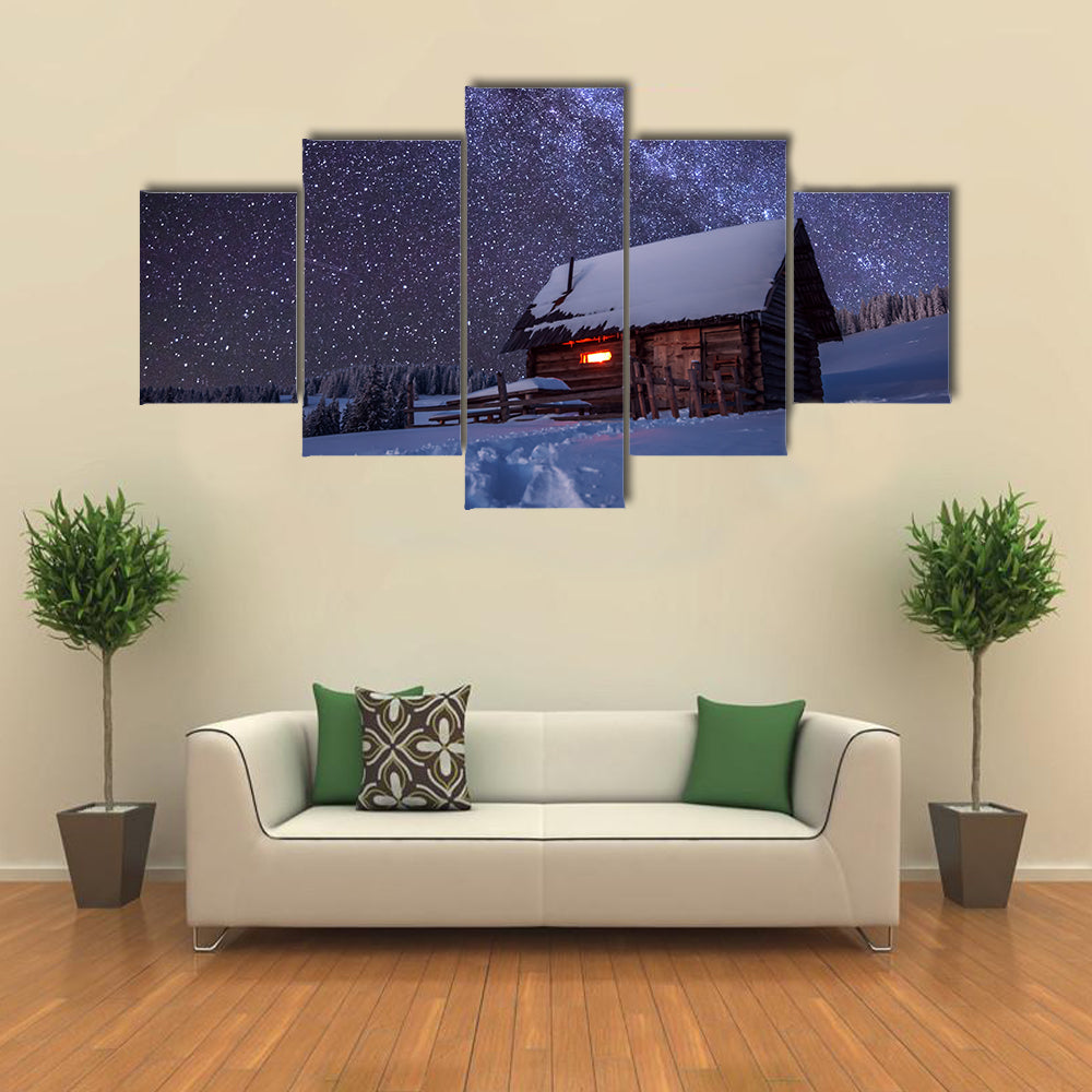 A Beautiful Wooden House In The Winter Forest, Multi Panel Canvas Wall Art