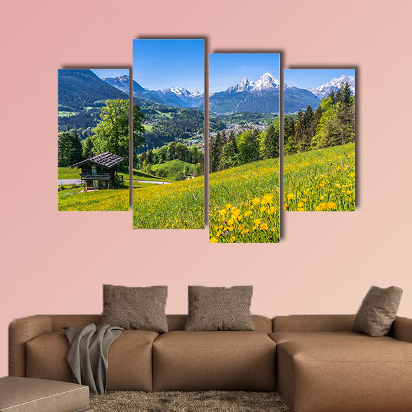 Panoramic view of idyllic landscape in the Alps with a traditional wall art