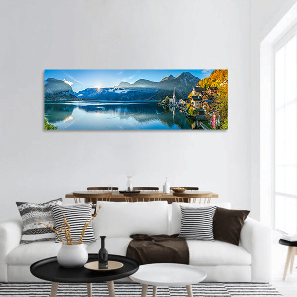 Beautiful golden morning light in fall panoramic canvas wall art.