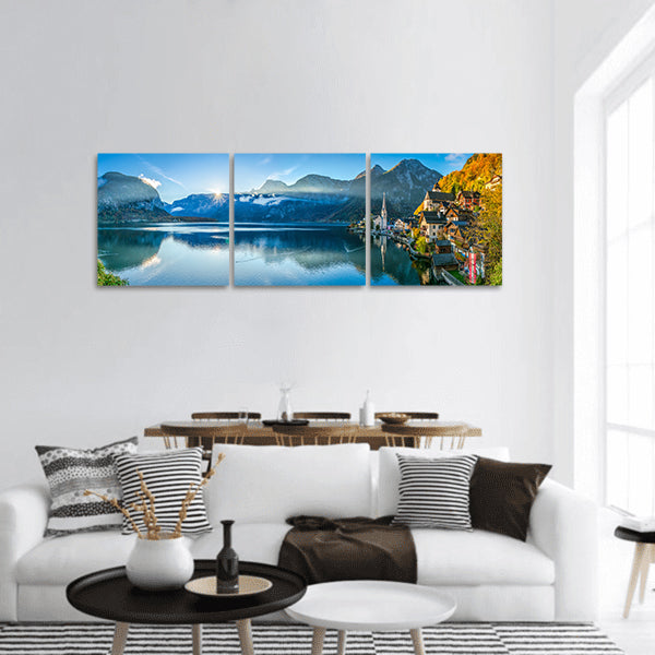 Beautiful golden morning light in fall panoramic canvas wall art.